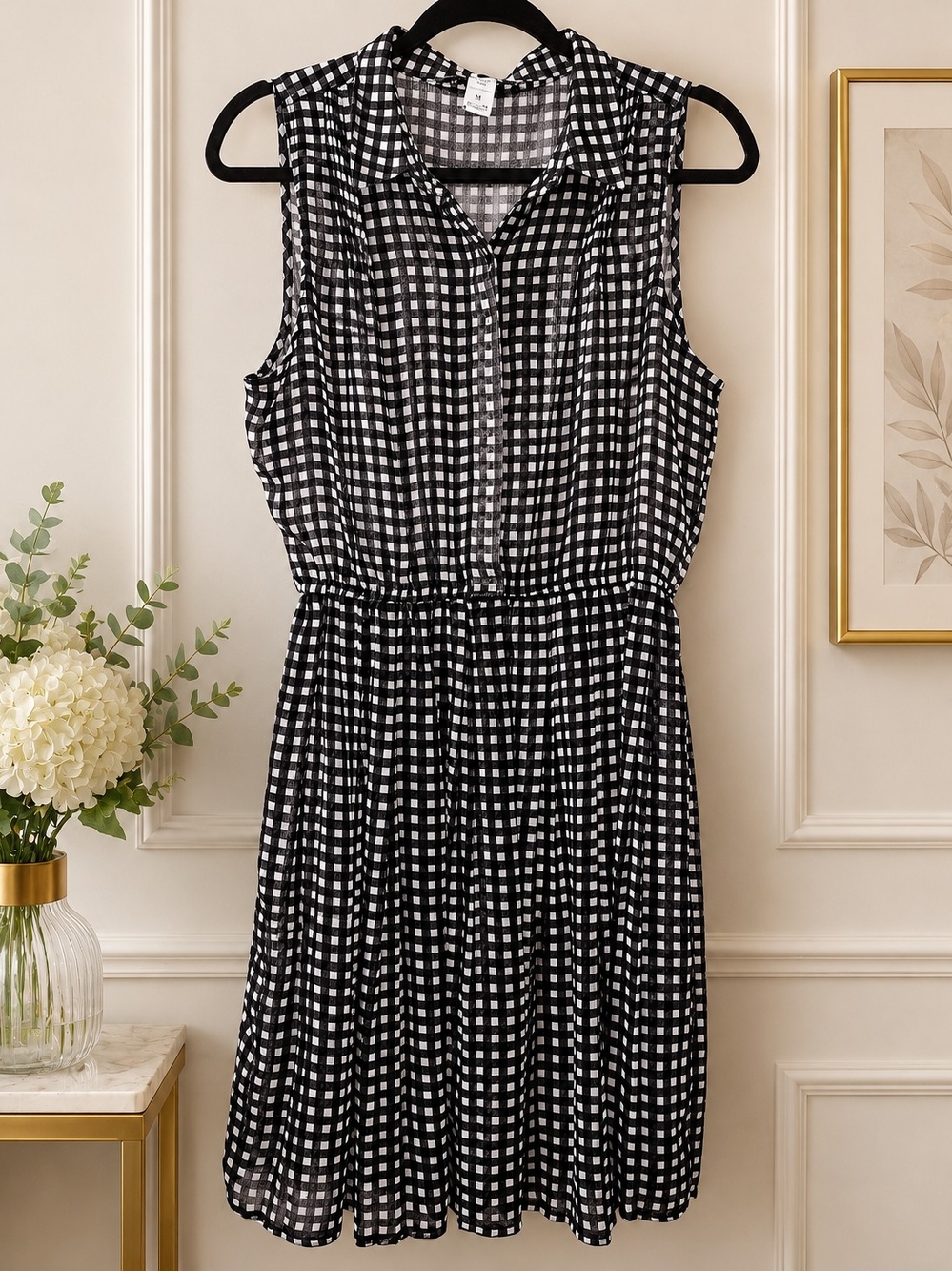 American Rag Gingham Plaid Sleeveless Button Up Shirt Dress Picnic Boho Size M